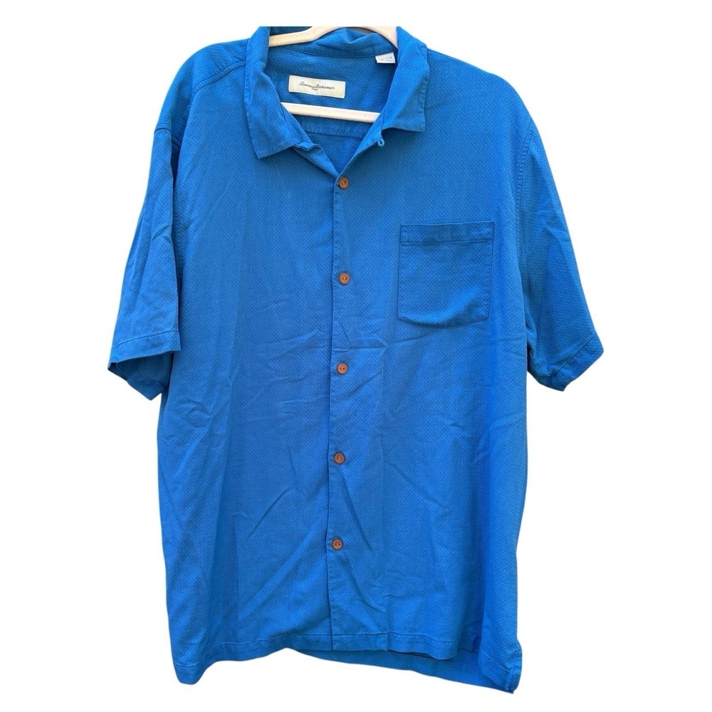 Tommy‎ Bahama Mens XXL Camp Shirt Blue Silk Cotton Textured Button Up